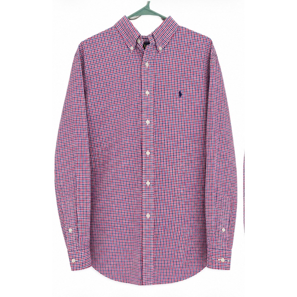 Polo Ralph Lauren Mens Large Red Navy Blue Gingham Check Button Down Shirt